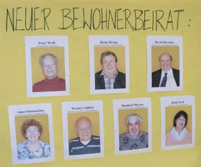 er neue Bewohnerbeirat des Seniorenzentrums wurde am 07.Mai 2010 gewählt. David Boventer, Ortsvorsteher von Hermülheim und Kalscheuren wurde zum dritten Mal gewählt. "Ich danke allen, die mir (wieder) ihr Vertrauen geschenkt haben und freue mich über die Fortsetzung meiner ehrenamtlichen Unterstützung zum Wohle der Seniorinnen und und Senioren in dem wunderschönen "Anna-Haus" der Caritas", meinte David Boventer dazu. 